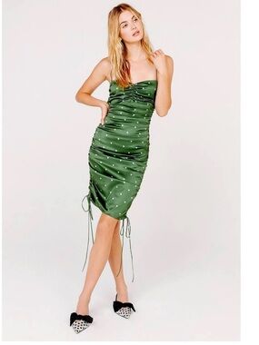 For Love & Lemons Paula Dress Ruched Polka Dot Olive Green Dress XS